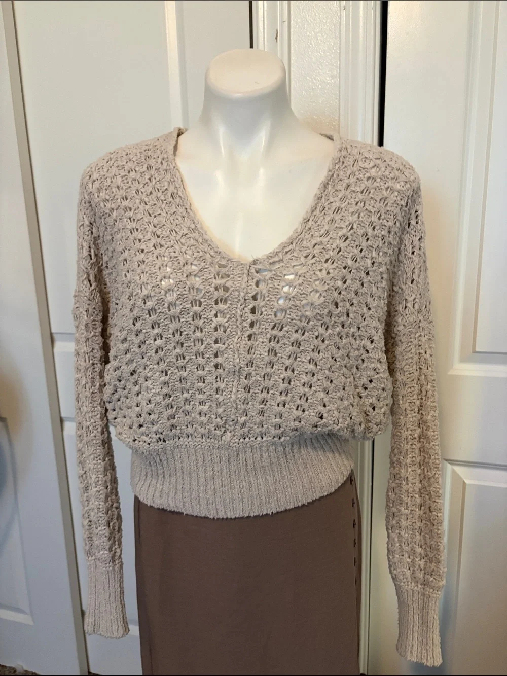 Free People Blush Open-Knit V-Neck Sweater